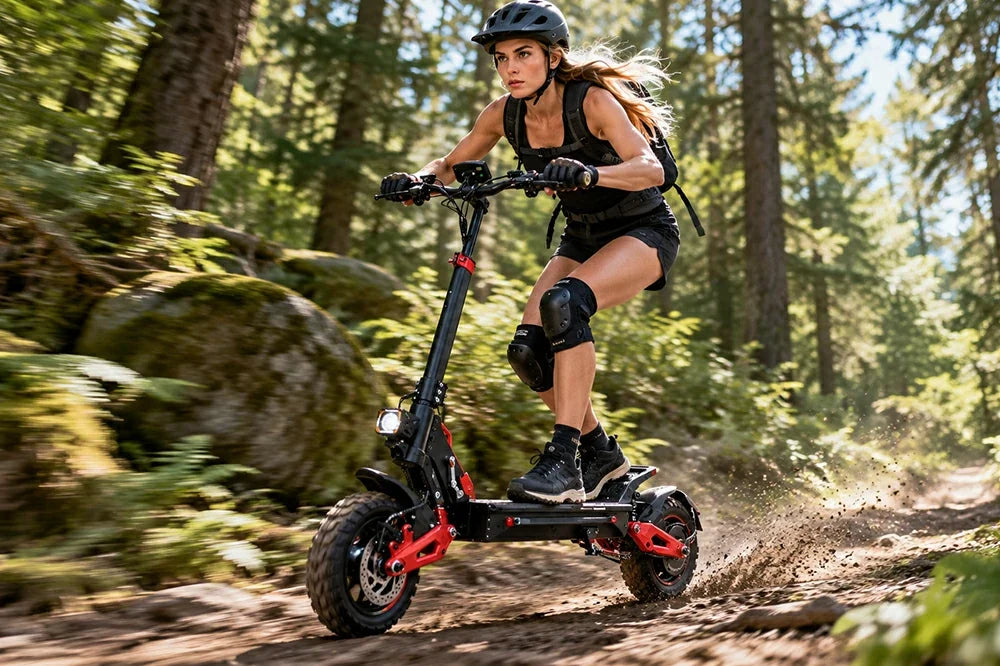 Woman riding Freeboy J15 Max electric scooter fast on forest dirt trail