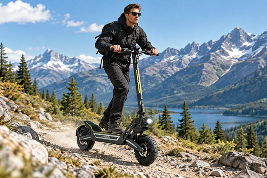 Man riding Freeboy J2 Max electric scooter on mountain trail with lake view