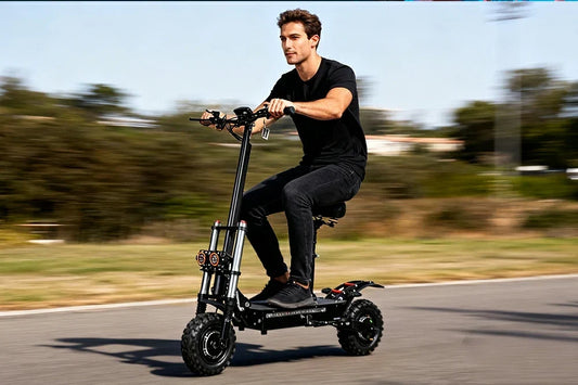 Man riding Freeboy J30 Max seated off‑road electric scooter moving along paved country road