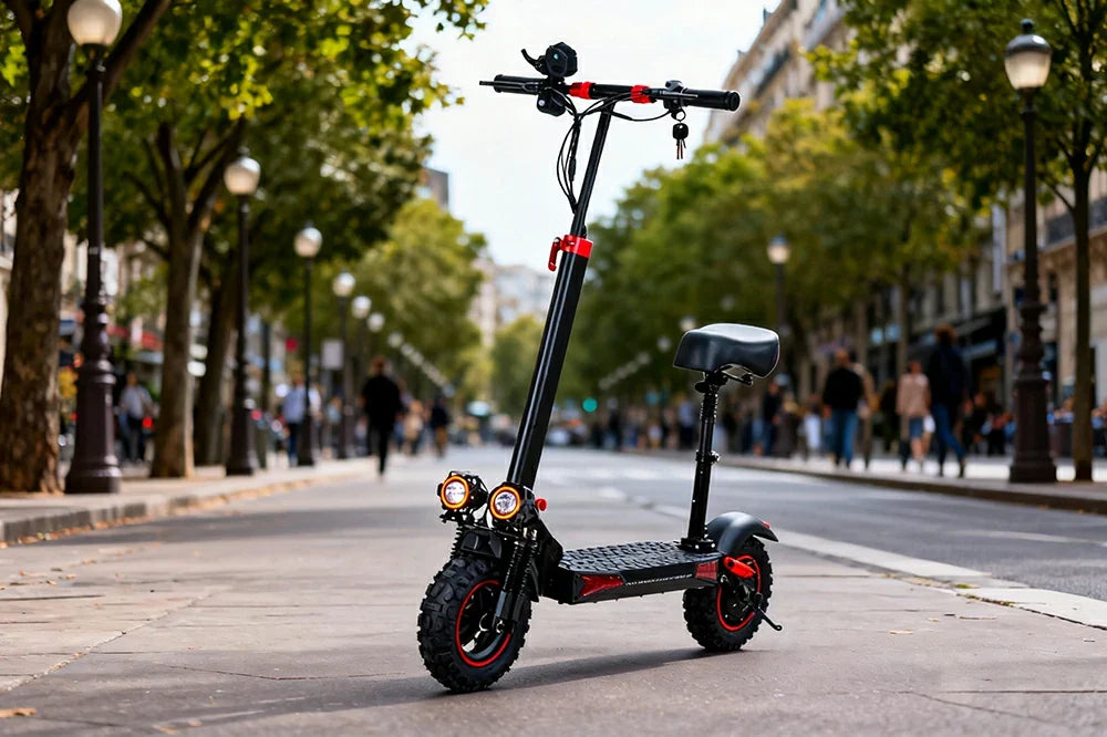 Freeboy J11 Max black and red off-road electric scooter with seat parked on a tree-lined city street in Paris-style avenue during daytime.