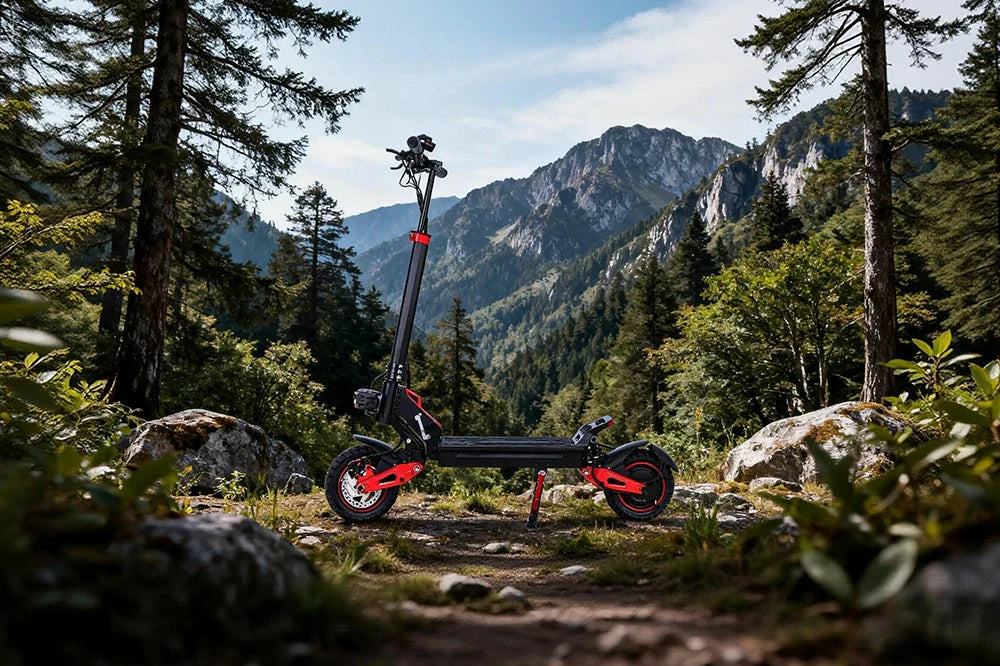 Black-red J15 Max heavy-duty foldable e-scooter with thick rugged off-road tires and full suspension, stationary on stony forest path surrounded by tall pine trees and jagged rocky mountain peaks under bright sky