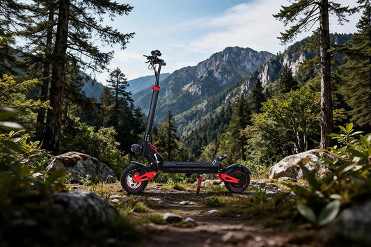 Black-red J15 Max heavy-duty foldable e-scooter with thick rugged off-road tires and full suspension, stationary on stony forest path surrounded by tall pine trees and jagged rocky mountain peaks under bright sky