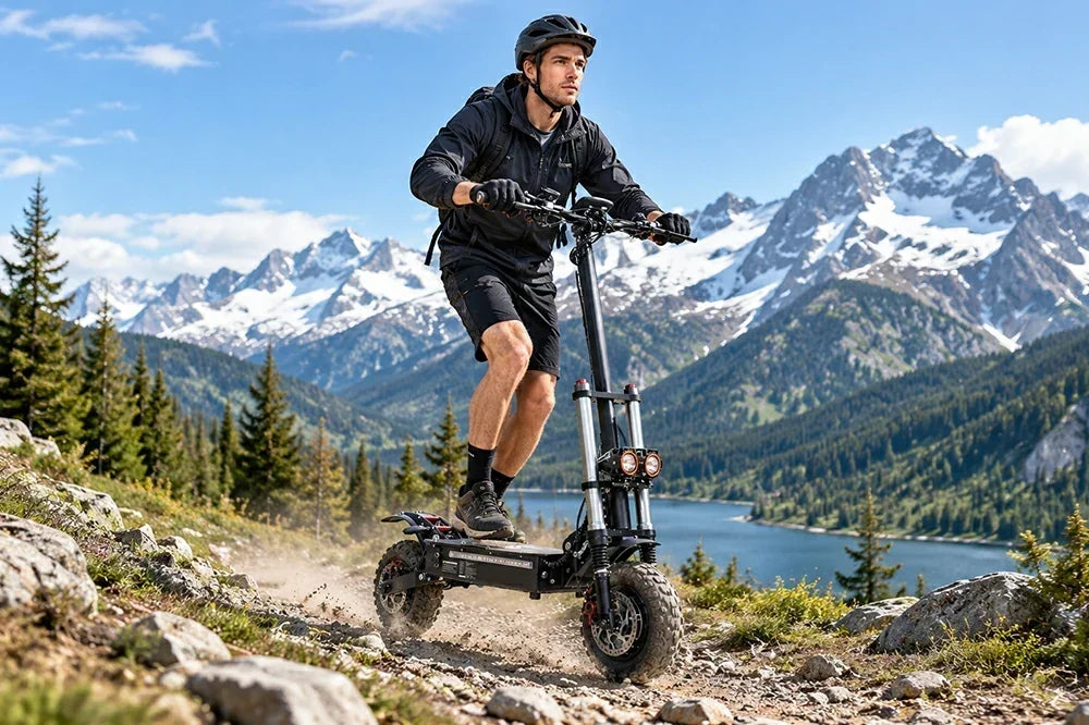 Man riding Freeboy J30 Max off-road electric scooter on mountain trail by alpine lake.
