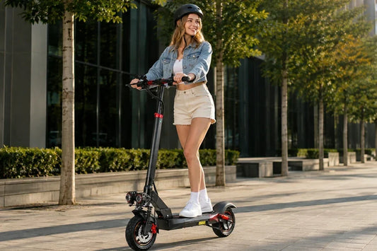 Smiling young woman with helmet riding Freeboy J01 electric scooter on city sidewalk