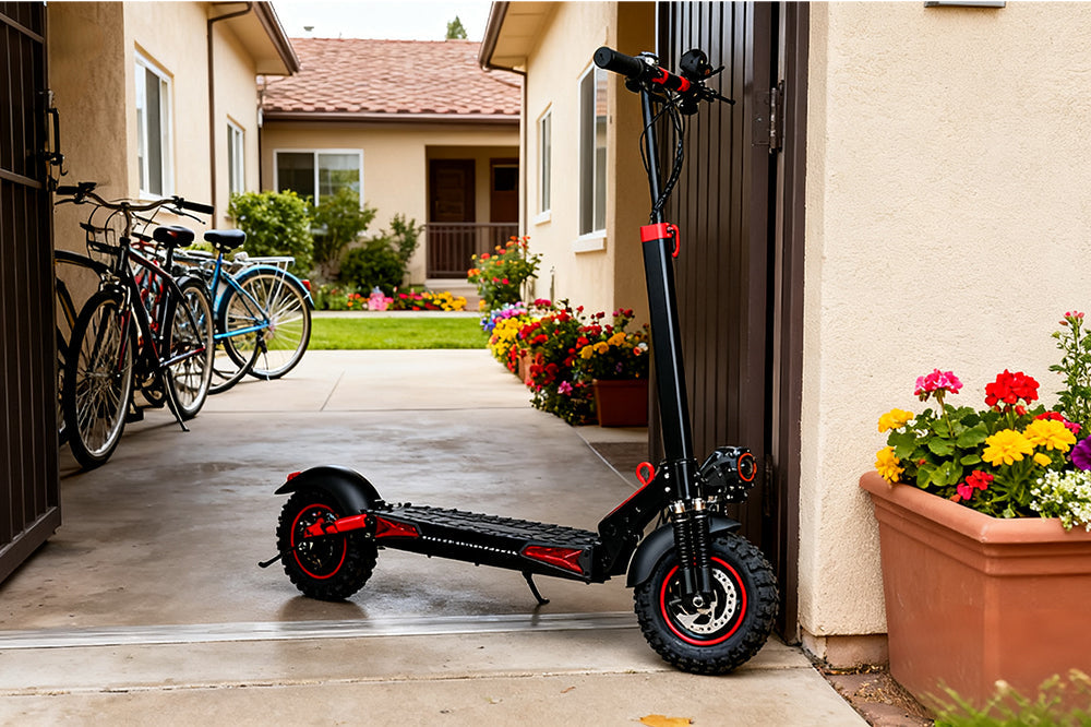 Freeboy J11 Max black-red foldable off-road electric scooter parked at residential villa courtyard doorway.
