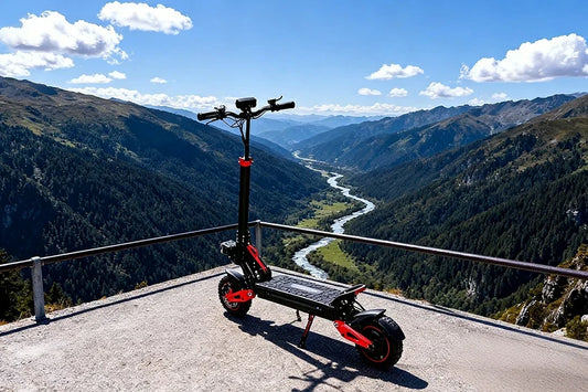 Black‑red Freeboy J15 Max electric scooter stands on mountain overlook platform with panoramic alpine valley and winding river view.