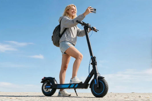 Young woman taking selfie while standing on Freeboy J04 city electric scooter on sunny beach shore