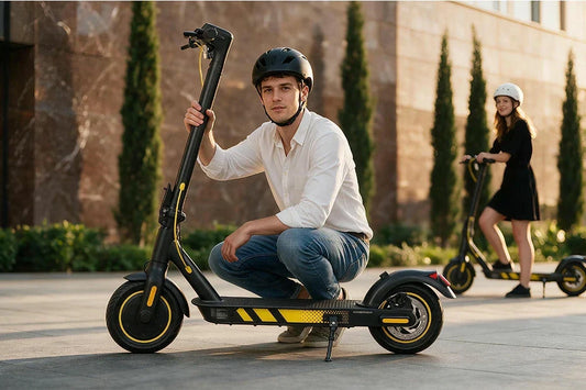 Man crouching with Freeboy J04 electric scooter, young woman riding in modern city plaza