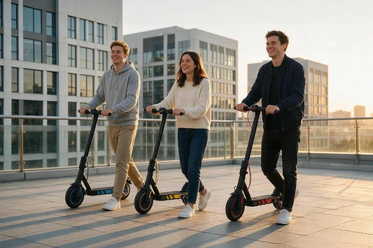 Three young friends riding Freeboy J04 electric scooters together on modern city rooftop terrace at golden hour