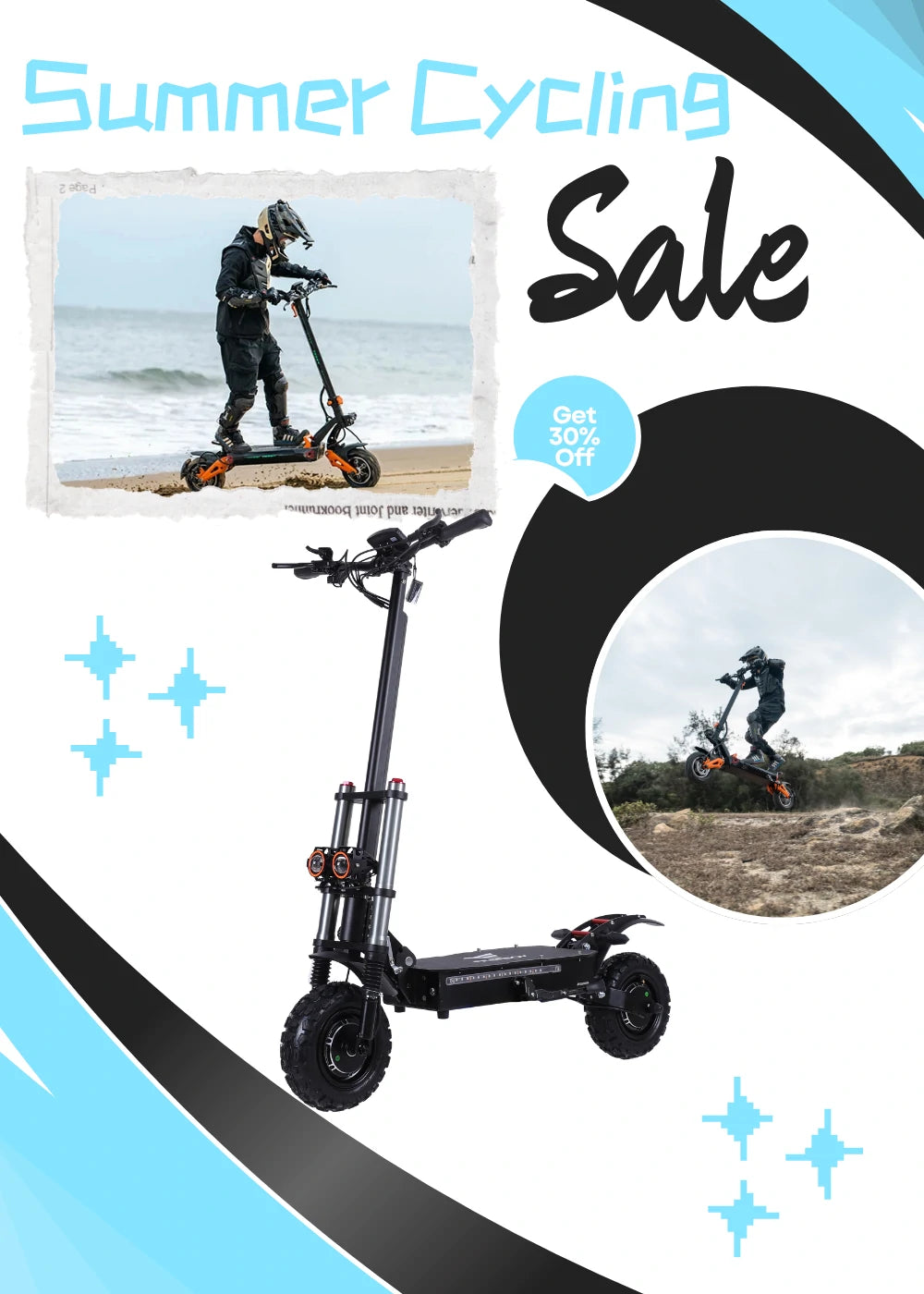 Summer Cycling Sale vertical social media poster for powerful off-road electric scooter, 30% off discount tag, beach and stunt riding action imagery, cool blue black styling.