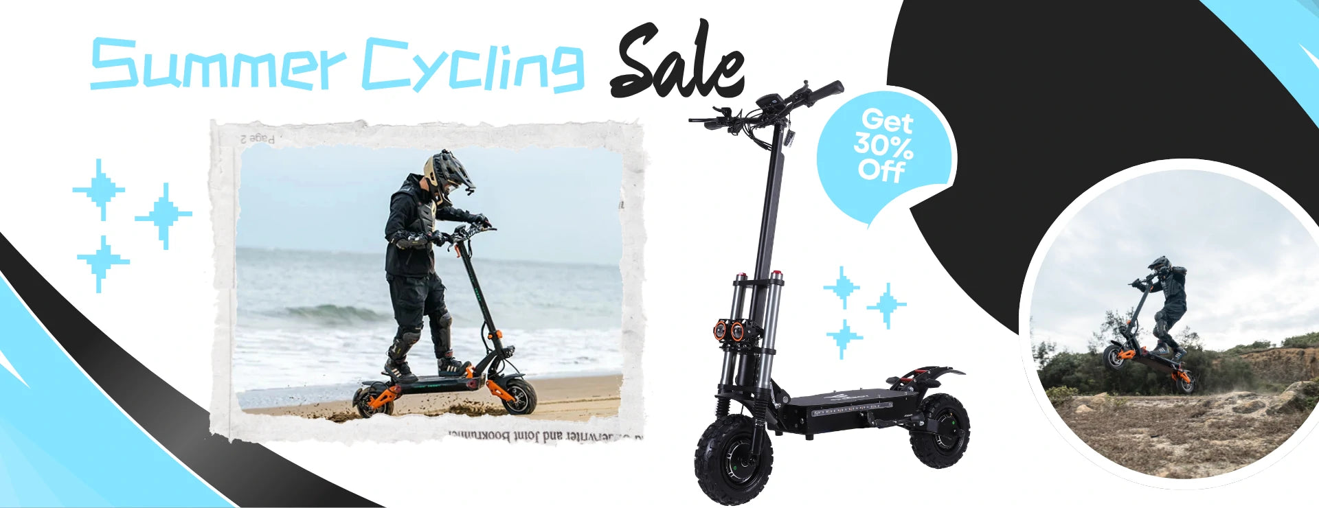 Summer Cycling Sale wide website banner for heavy-duty off-road electric scooter, 30% off promotion, beach & dirt jump action lifestyle shots, light blue black geometric design.